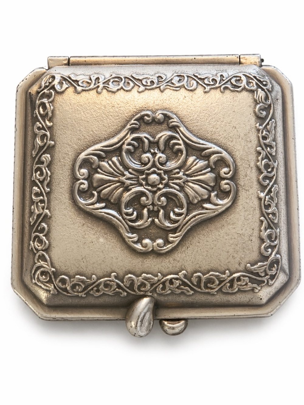 Vintage Ornate Silver Tone Compact Mirror Trinket Box Floral Embossed